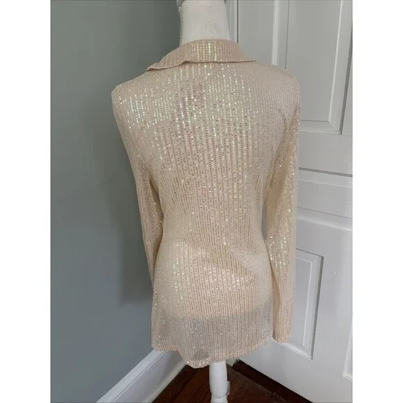 FREE PEOPLE SEQUIN Champagne Dream Top Blouse Sheer Sparkle Holiday Large - Picture 3 of 5
